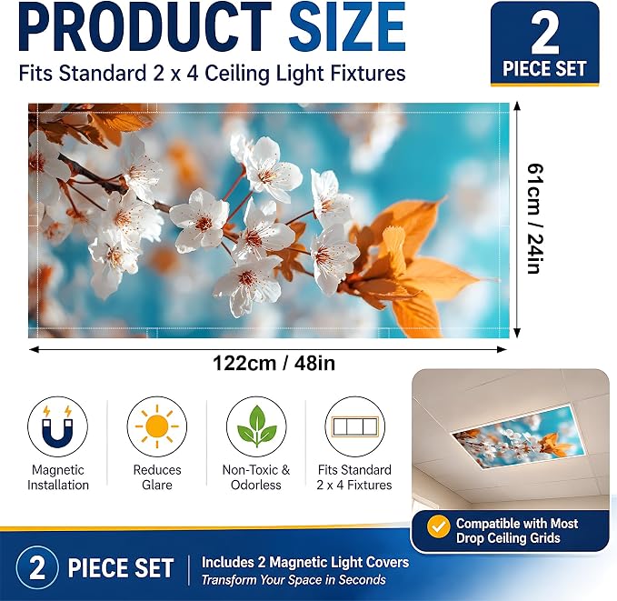 2 Pack Autumn Leaf Blossom Decorative Ceiling Light Covers, Magnetic 4x2 Ft - Image 2
