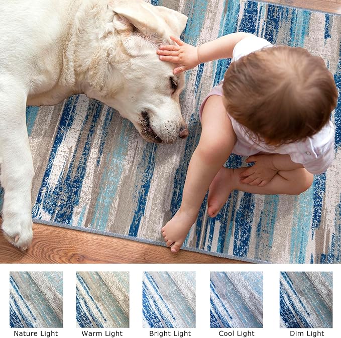 Lansny Modern Abstract Runner Rug 2.6x16, Blue Washable Long Kitchen Runner Non-Slip Soft Hallway Rug Runner Thin Print Faux Wool Carpet for Entryway Bedroom Laundry Room Indoor Home Decor