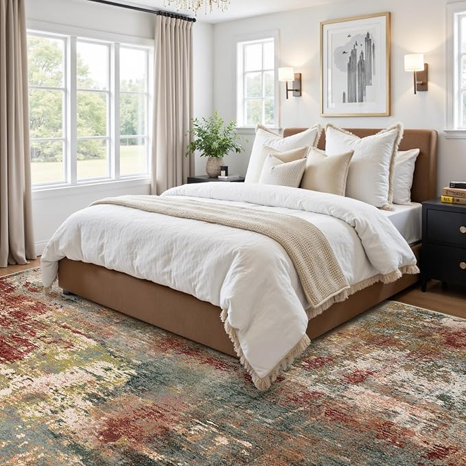 Washable Area Rugs Square 10ft Non-Slip Modern Abstract Soft for Living Room Entryway Bedroom Nursery, Print Pattern, Brown Rust Red Green Blue Multi