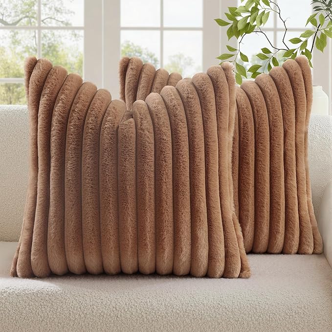 decorUhome Cozy Faux Fur Throw Pillow Covers 18x18 Set of 2 Decorative Soft Plush Striped Modern Farmhouse Boho Couch Pillow Cases with Velvet Back for Sofa Bed Living Room, Brown