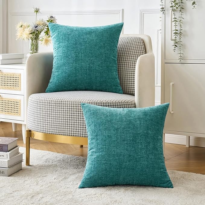 MIULEE Pack of 2 Couch Throw Pillow Covers 26x26 Inch Soft Teal Chenille Pillow Covers for Sofa Living Room Solid Dyed Pillow Cases