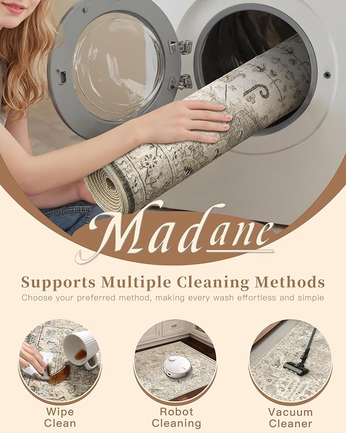 Madane Hallway Runner Rug 2'6''x14' Kitchen Runner, Non Slip Vintage Runners for Hallways Washable Kitchen Rugs Soft Low Pile 2.5x14 ft Rug Runner for Laundry Room, Entryway and Bedroom, Ivory/Brown