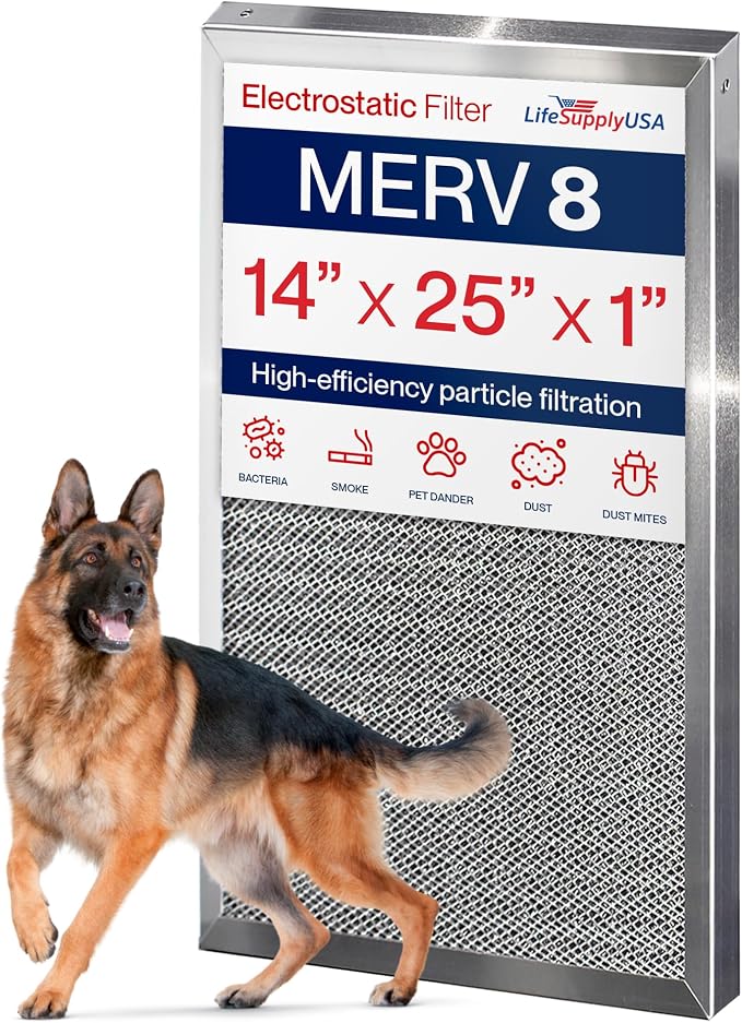 14x25x1 Electrostatic Air Filter, MERV 8, Reusable Furnace AC/HVAC Filter by LifeSupplyUSA