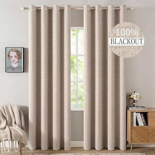 MIULEE 100% Blackout Linen Textured Curtains for Bedroom Solid Thermal Insulated Natural Beige Grommet Room Darkening Curtains & Drapes Luxury Decor for Living Room Nursery 52 x 95 Inch (2 Panels)