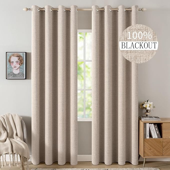 MIULEE 100% Blackout Polyester Textured Curtains for Bedroom Solid Thermal Insulated Natural Beige Grommet Room Darkening Curtains & Drapes Luxury Decor for Living Room Nursery 52 x 108 Inch(2 Panels)
