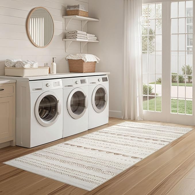 Nakagishi Runner Rug Kitchen Washable Rugs: 3x8 Non-Slip Boho Soft Modern Stain Resistant Indoor Floor Neutral Farmhouse Throw Carpet for Hallway Bathroom Laundry Room Entryway Bedroom- Brown