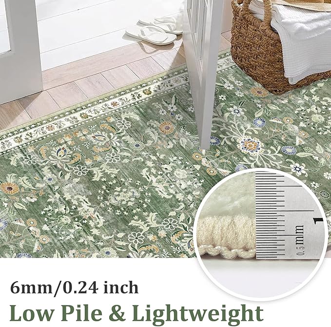 Yamaziot Washable Area Rug 3x5 – Small Non Slip Boho Area Rug for Bedroom, Low Pile Distressed Carpet for Living Room, Bedroom, Kitchen, Entrance, Green