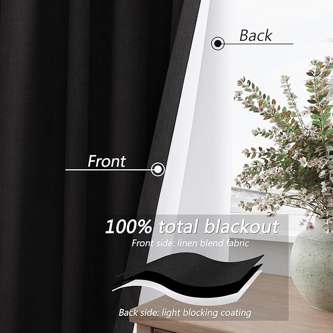 Guken Black 100% Blackout Curtains 120 Inch Length 2 Panels Set for Living Room Bedroom Back Tab Thermal Insulated Black Out Linen Drapes Room Darkening Window Curtains,52x120