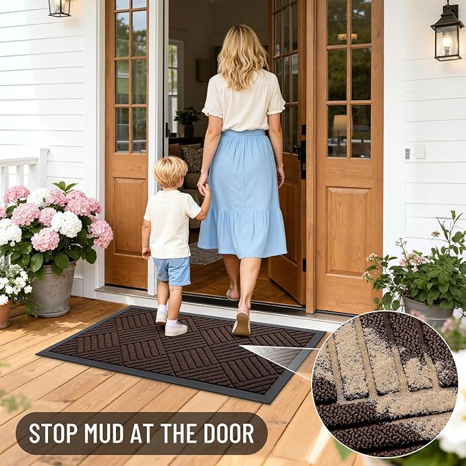 OLANLY Front Door Mat Outside Entrance 59x34, Absorbent, Heavy Duty Sturdy Natural Rubber Doormat Indoor Outdoor, Stain and Fade Resistant, Non-Slip Low Profile Floor Mat for Entryway, Brown Diamond