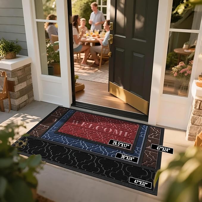 Yimobra Welcome Mat Outdoor Indoor, All-Season Waterproof Front Door Mat Outside Entrance, All-Weather Heavy Duty Non-Slip Doormat, Low Profile Porch Patio Entrance Mats, 47x32, Red