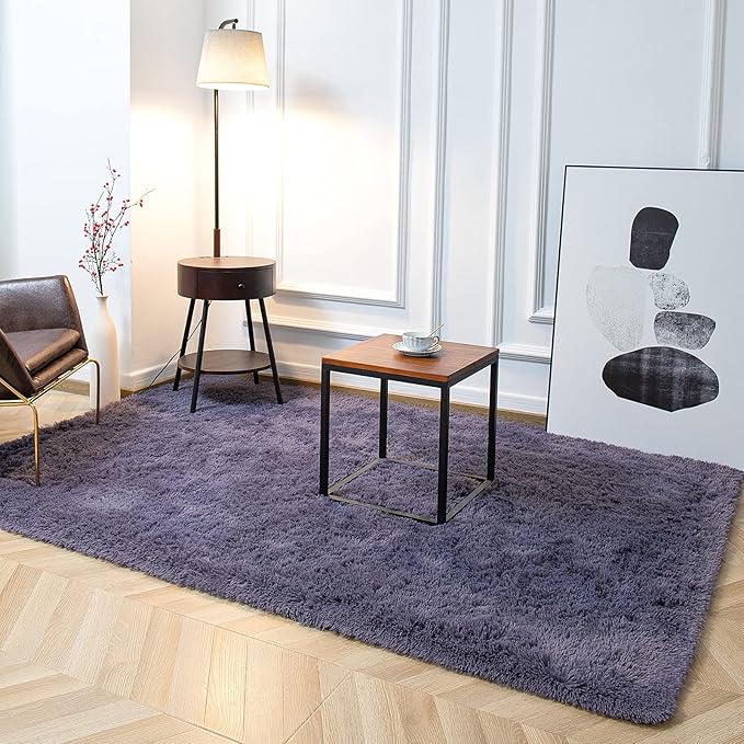TWINNIS Super Soft Shaggy Rugs Fluffy Carpets 4x5.9 Feet, Indoor Modern Plush Area Rugs for Living Room Bedroom Kids Room Nursery Home Decor, Upgrade Anti-Skid Fuzzy Rug, Grey Purple