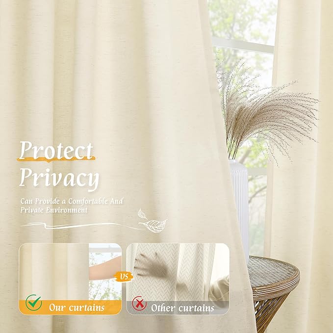 LAMIT Natural Light Beige Linen Curtains 84 inch Long 2 Panels, Soft Thick Linen Blended Light Filtering Living Room Panels Rod Pocket Neutral Drapes for Bedroom/Farmhouse, 52 x 84 Inch