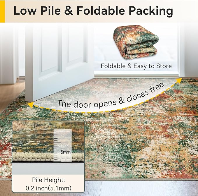 Washable Area Rugs 2'x8' Non-Slip Modern Abstract Soft for Living Room Entryway Bedroom Nursery, Print Pattern, Green Orange Rust Red Cream Colorful