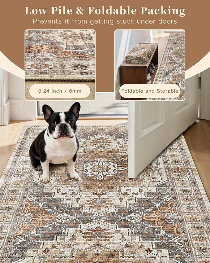 Madane Area Rug 4x6 Washable Rugs: Vintage Living Room Rug Soft Low Pile Non Slip Area Rugs Distressed Indoor Floor Carpet for Bedroom Kitchen Dining Room Home Decor, Turmeric/Grey