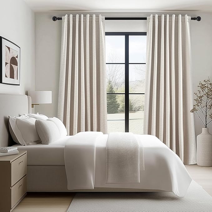 Beige Color Blackout Curtains 90 Inch Long 2 Panels,Back Tab Pleated Heading Tape with Hooks,Minimalist Completely Shaded Thermal Insulated Noise Reducing French Door Drapes Oatmeal