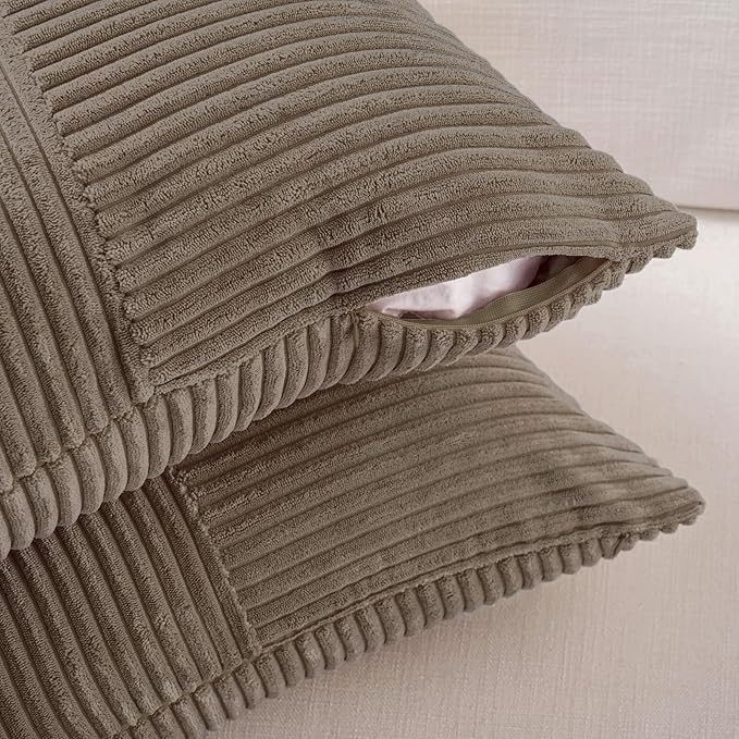 Fancy Homi Set of 2, Light Brown Patchwork Corduroy Decorative Soft Striped Modern Accent Cushion Case Farmhouse Boho Neutral Throw Pillow Covers for Chair Couch Bed Sofa Living Room 20x12 Inch