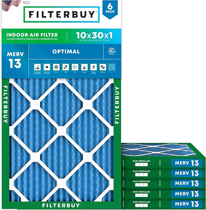 Filterbuy 10x30x1 Air Filter MERV 13 Optimal Smoke & Allergy Defense, by Filterbuy