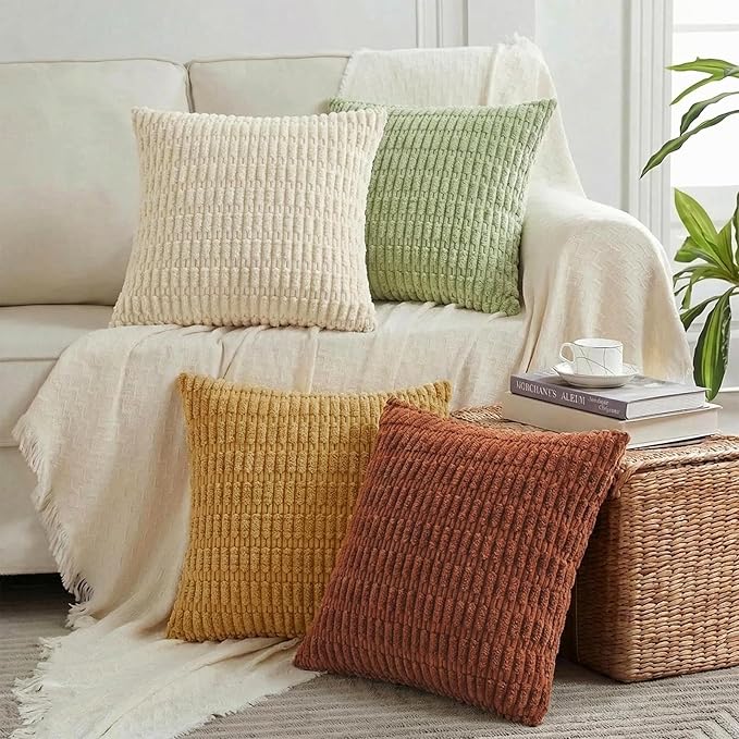 Fancy Homi 4 Packs Boho Fall Decorative Throw Pillow Covers 22x22 Inch for Living Room Couch Bed Sofa, Rustic Farmhouse Home Decor, Soft Plush Striped Corduroy Colorful Square Cushion Case 55x55 cm