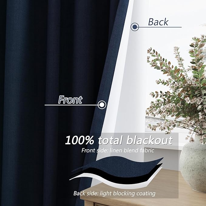 Guken Navy Blue 100% Blackout Curtains 96 Inch Length 2 Panels Set for Living Room Bedroom Back Tab Thermal Insulated Black Out Linen Drapes Room Darkening Window Curtains 96 Inches Long