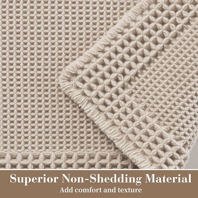 RESARE Waffle Bath Mat for Bathroom, Super Absorbent Bathroom Rugs Non Slip Machine Washable, Ultra Soft Quick Dry Boho Bath Rugs with Tassels for Floor, Upgraded Bordered Design, 24"x36" Pale Beige