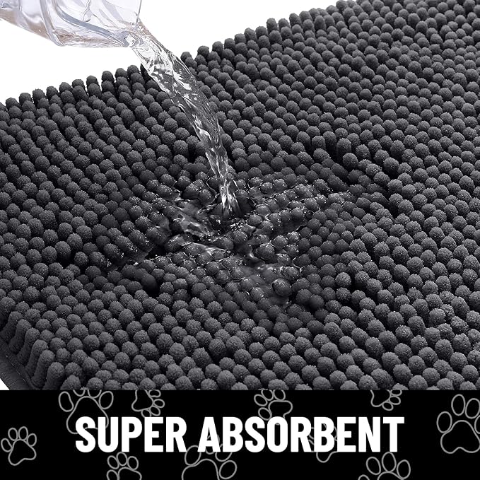 Smiry Dog Door Mat for Muddy Paws, Absorbent Dirt Trapper Non Slip Quick Dry Washable Chenille Mat for Mud Dogs, Entry Rug for Indoor and Outdoor (44x24 Inches, Dark Grey and White)