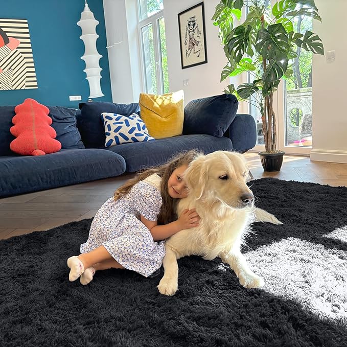 OLANLY 6x7 Area Rugs for Living Room Bedroom, Machine Washable Soft Fluffy Shaggy Bedside Rug, Indoor Floor Carpet for Kids Girls and Boys, Dorms, Nursery Rooms, Home Decor Aesthetic, Black