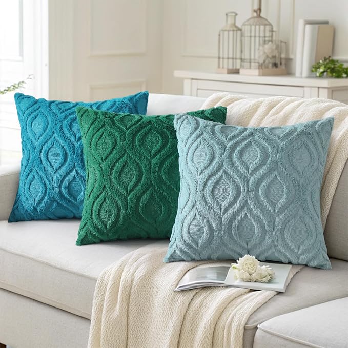 decorUhome Summer Throw Pillow Covers 20x20 Inch Set of 2, Soft Plush Faux Wool Turquoise Solid Couch Pillow Covers, Accent Farmhouse Neutral Square Pillow Cases for Sofa Bed Living Room