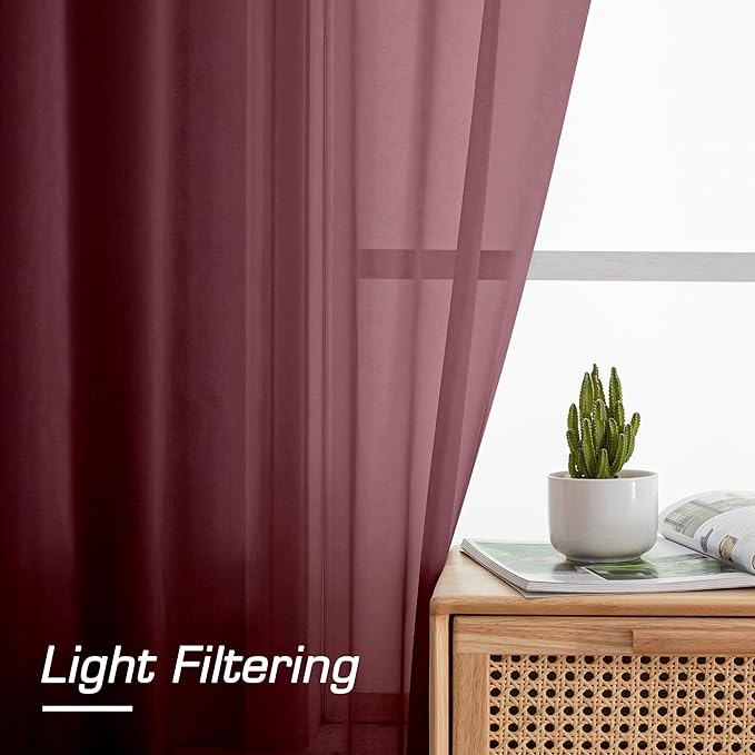 Simplebrand Burgundy Red Sheer Curtains 90 Inches Long 2 Panels, Light Filtering Rod Pocket Solid Color Window Sheer Curtain Panels, Elegant Curtains & Drapes for Living Room, Bedroom, 59" W x 90" L