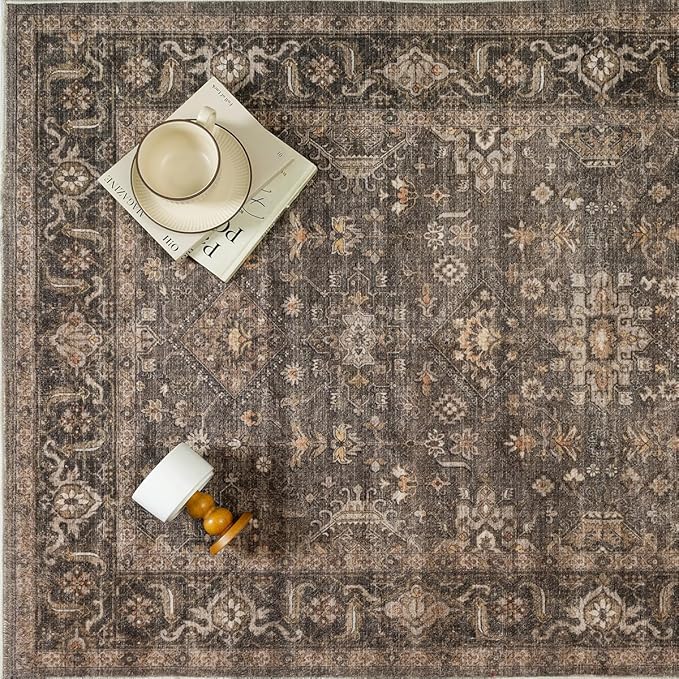 5x5 Washable Round Rug for Living Room Bedroom Vintage Brown Soft Low Pile Carpet Traditional Retro Non Slip Cirlce Rug for Dining Room Entryway Indoor Dorm Kitchen