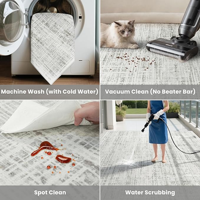 8x10 Area Rugs Washable Rug: Anti-Skid Abstract Modern Living Room Rug Soft Thin Carpets Indoor Floor Non-Shedding Carpet for Bedroom Dining Farmhouse Nursery Home Office (White Gray, 8'x10')