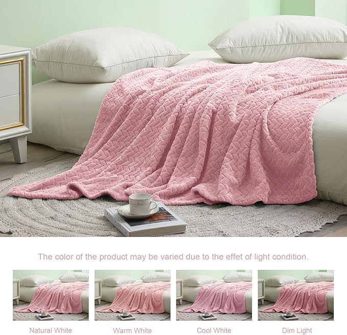 Exclusivo Mezcla Fleece Throw Blanket for Couch and Bed, 50x70 Inches Soft Cozy Jacquard Flannel Blankets, Lightweight Fuzzy Plush Warm Throws for Women, Pink