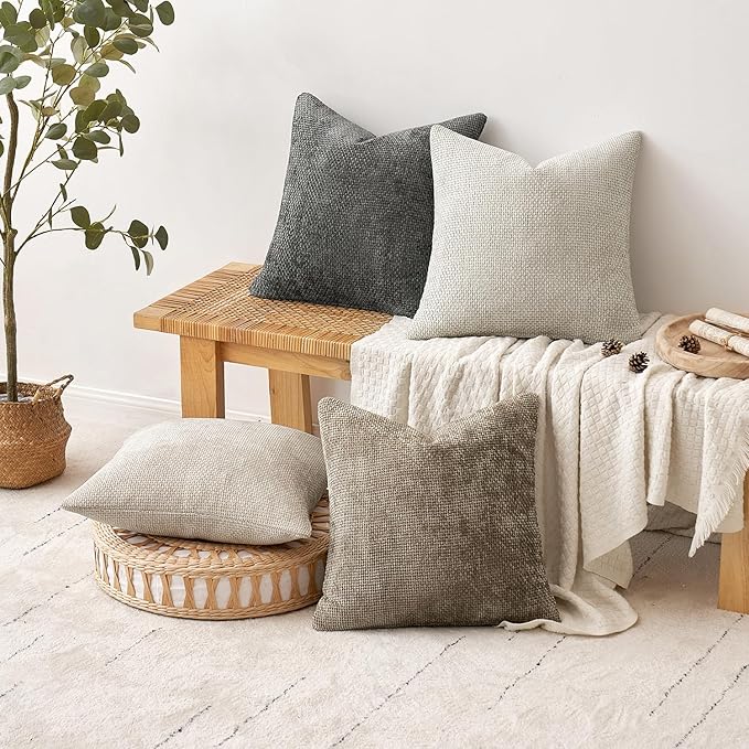 MIULEE Pack of 4 Couch Throw Pillow Covers 20x20 Inch Neutral Soft Decorative Chenille Pillow Covers Farmhouse Boho Cushion Covers for Mid Century Modern Spring Home Decor Sofa Bedroom Living Room