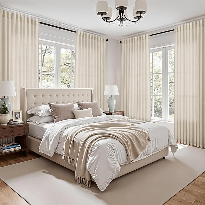 Birch Beige Linen Curtains for Living Room 100 Inches Long Light Filtering Semi Sheer Curtain Back Tab Modern Farmhouse Decor Elegant Luxury Coastal Drapes for Bedroom Dinner Room 52x100, 2 Panels