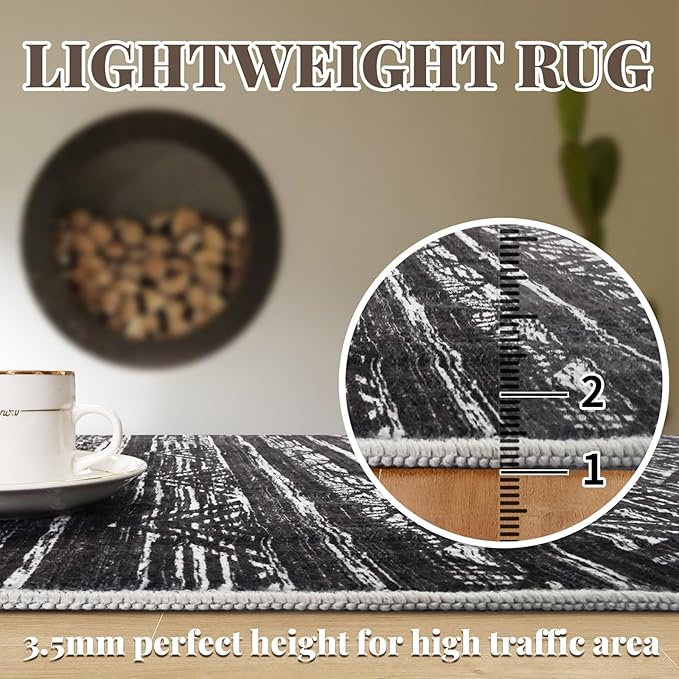 4x12 Washable Hallway Runner Rug：Moroccan Non-Slip Wide Runners for Entryway Kitchen Soft Modern Geometric Low-Pile Rugs for Living Room Thin Waterproof Carpet for Bedroom Bathroom Laundry(Black,4x12)