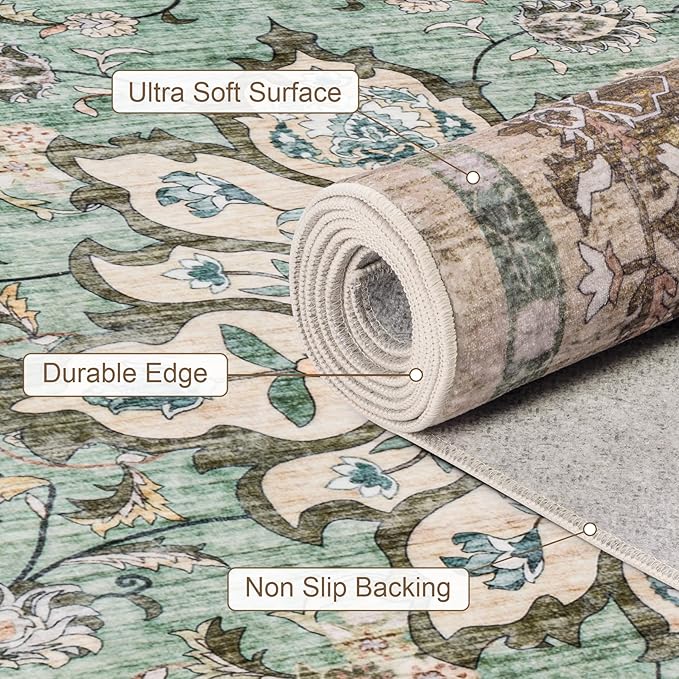 Area Rugs 9x12 Living Room Rug: Washable Rug Soft Vintage Distressed Floral Carpet Indoor Non-Slip Stain Resistant Large Carpets for Bedroom Dining Room Farmhouse Nursery Home Office Brown Green