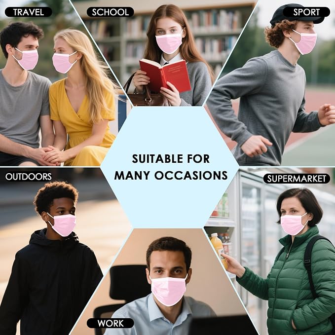 NNPCBT Pink Disposable Face Masks 100 Pack, 3-Ply Breathable Mask - Image 5