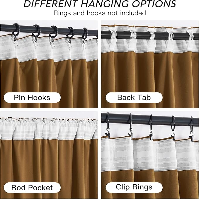 RYB HOME Gold Brown Velvet Curtains 102 inches with Hook Belt, Soft Fabric Room Darkening Thermal Insulated Luxurious Home Decor Curtains for Living Room Bedroom, W 52" x L 102", 2 Panels Set