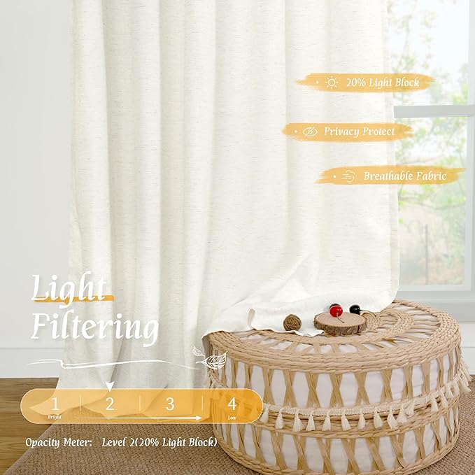LAMIT Natural Ivory Linen Curtains 45 Inches Long for Bedroom, Soft Faux Linen Textured Light Filtering Panels Rod Pocket Neutral Drapes for Kitchen/Window/Loft Room, 42 x 45 Inch, 2 Panels