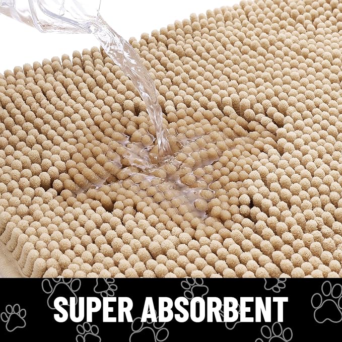 Smiry Dog Door Mat for Muddy Paws, Absorbent Dirt Trapper Non Slip Quick Dry Washable Chenille Mat for Mud Dogs, Entry Rug for Indoor and Outdoor (59x20 Inches, Beige and White)