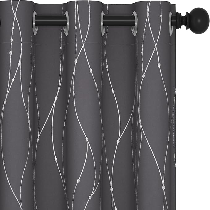 Deconovo Blackout Curtains, Thermal Insulated Noise‑Reducing Grommet Drapes, Wave Line Dot Foil Print, 38 x 63 Inch, 2 Panels, Machine‑Washable Window Curtains for Bedroom Living Room Kitchen Office