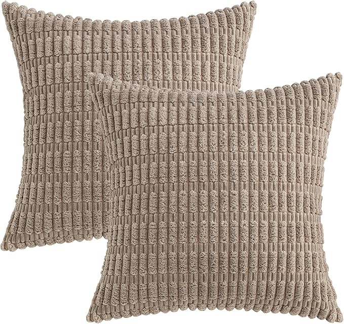 MIULEE Pack of 2 Corduroy Decorative Euro Sham Throw Pillow Covers 22x22 Inch Soft Boho Striped Pillow Covers Modern Farmhouse Home Decor for Sofa Living Room Couch Bed Light Brown