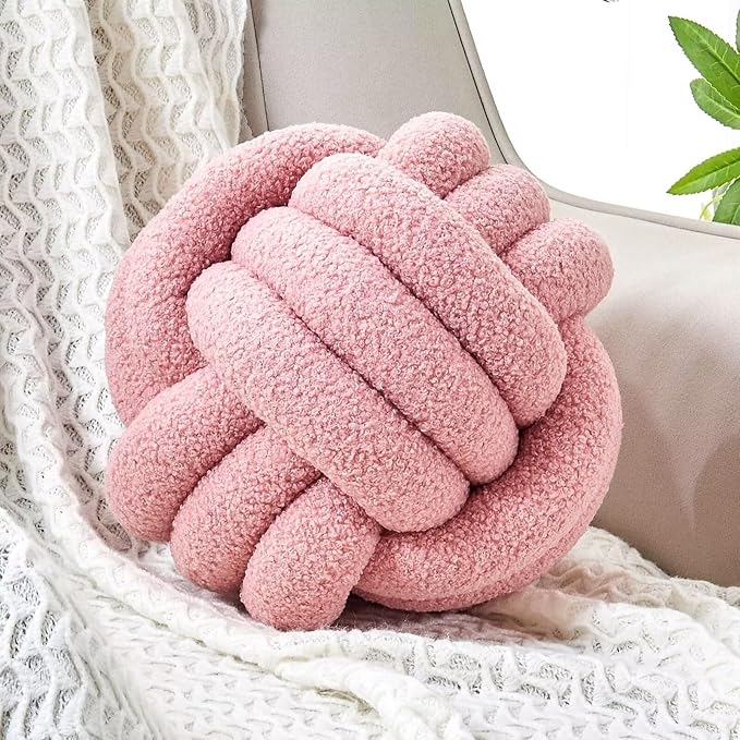 Uvvyui Knot Pillow Ball, Soft Home Decorative Round Throw Pillow, Handmade Knotted Plush Pillow, Round Boucle Pillow Cushion (8.6 Inches Blush Pink)