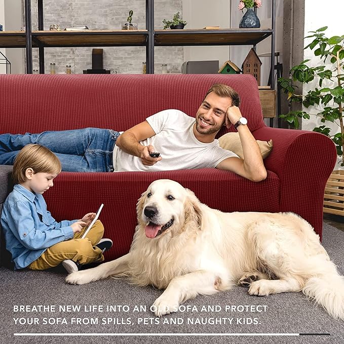 ZNSAYOTX Stretch Oversized Couch Cover Universal Sofa Covers for Living Room Dogs Pet Furniture Protector Spandex Extra Large Sofa Slipcovers with Anti Slip Foam Sticks (Wine Red, XL Sofa)