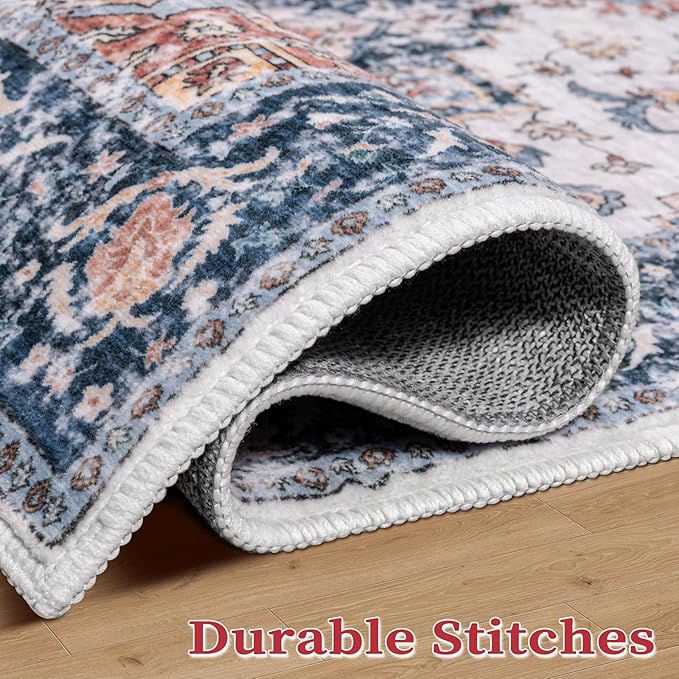 SERISSA Washable Rugs 9x12 Area Rugs, Large Non-Slip Blue Orange Living Room Rug, Ultra Soft Boho Vintage Print Distressed Oriental Farmhouse Carpet for Dining Room Bedroom Dorm Office Home Decor