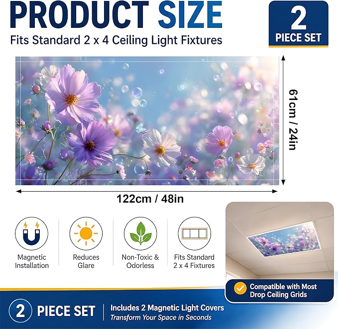 2 Pack Dreamy Purple Flower Decorative Ceiling Light Covers, Magnetic 4x2 Ft - Image 2