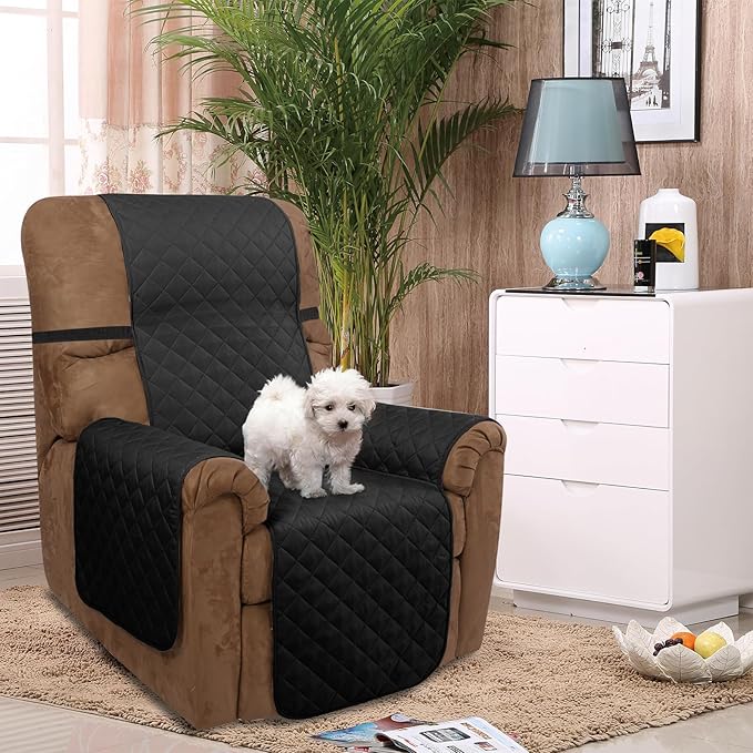 U-NICE HOME Recliner Chair Covers Reversible Quilted Water Repellent Pet Protectors with Elastic Straps (23''Recliner Small, Black/Grey)