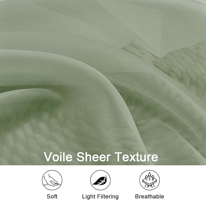 OWENIE Sage Green Sheer Curtain 90 Inches Long 2 Panels Set, Solid Filmy Drapes for Living Room Bedroom, Elegant Window Voile Sheer Curtain Panels Drapes, 2 Pcs, Each 59W x 90L Inch