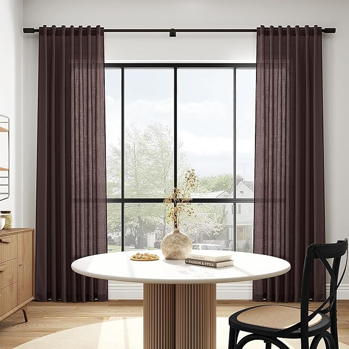 Coffee Brown Linen 112 Inch Curtains for Living Room Light Filtering Semi Sheer Curtain Back Tab Modern Rustic Home Decor Neutral Drapes Floor to Ceiling High Window for Bedroom 52x112, 2 Panels