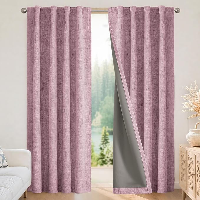 Joydeco Blackout Curtains for Bedroom - 100% Light Blocking 2 Panels Set Pink Drapes 42" W x 84" L, Thermal Insulated Room Darkening Curtains, Linen Textured for Living Room, Rod Pocket & Back Tabs