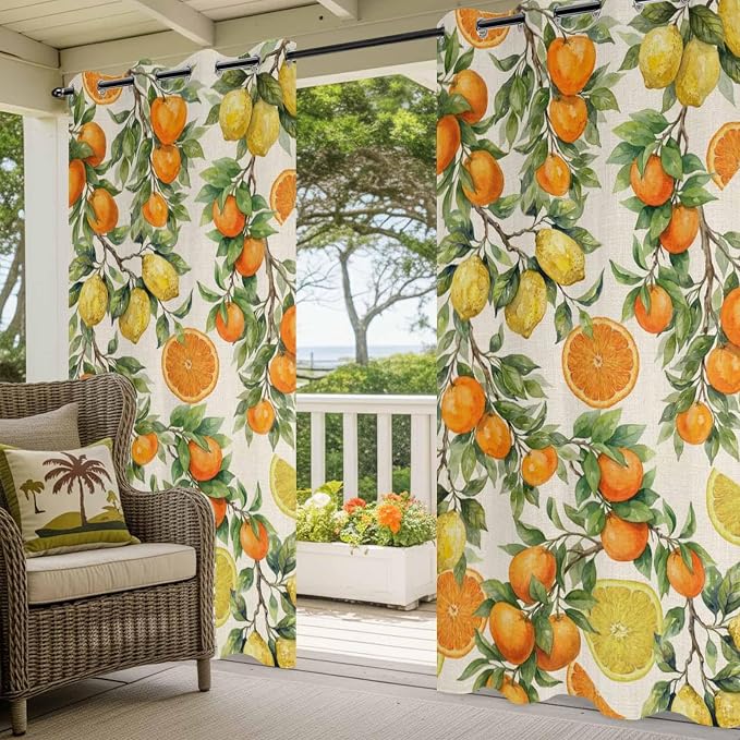 Lemons Yellow Orange Summer Plant Linen Outdoor Curtains - Image 5
